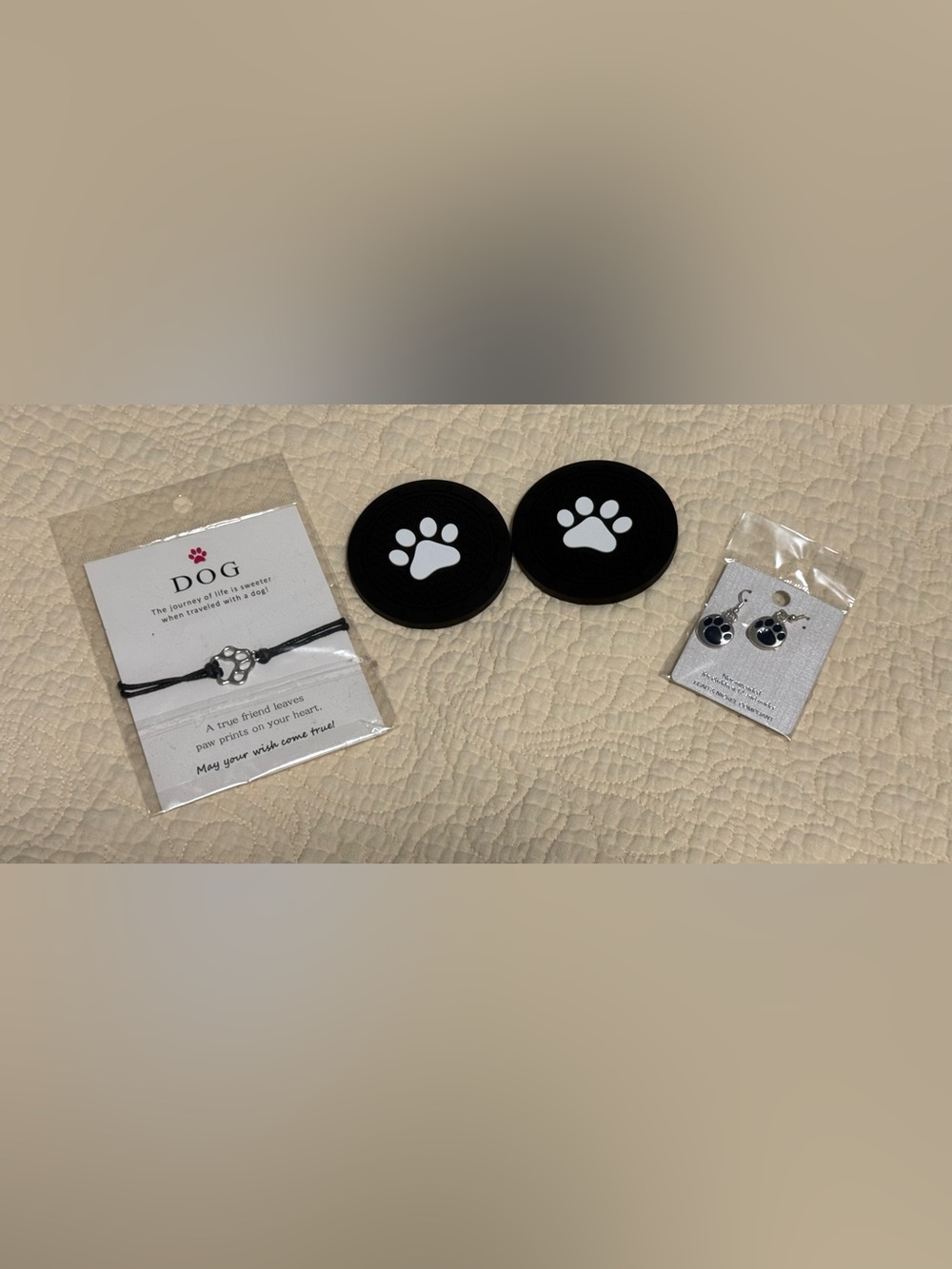 Dog Lovers Bundle! Includes:Black Paw Print car coasters w/Bracelet and Earrings